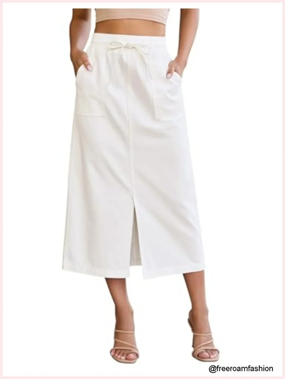 High Waisted Midi Denim Drawstring Elastic Waist Skirt with Pockets Front Slit